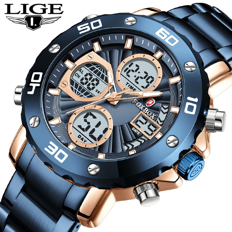 

Mens Watches Luxury Brand Men Full Steel Sports Watches LIGE Men's Quartz LED Digital Clock Waterproof Military Wrist Watch