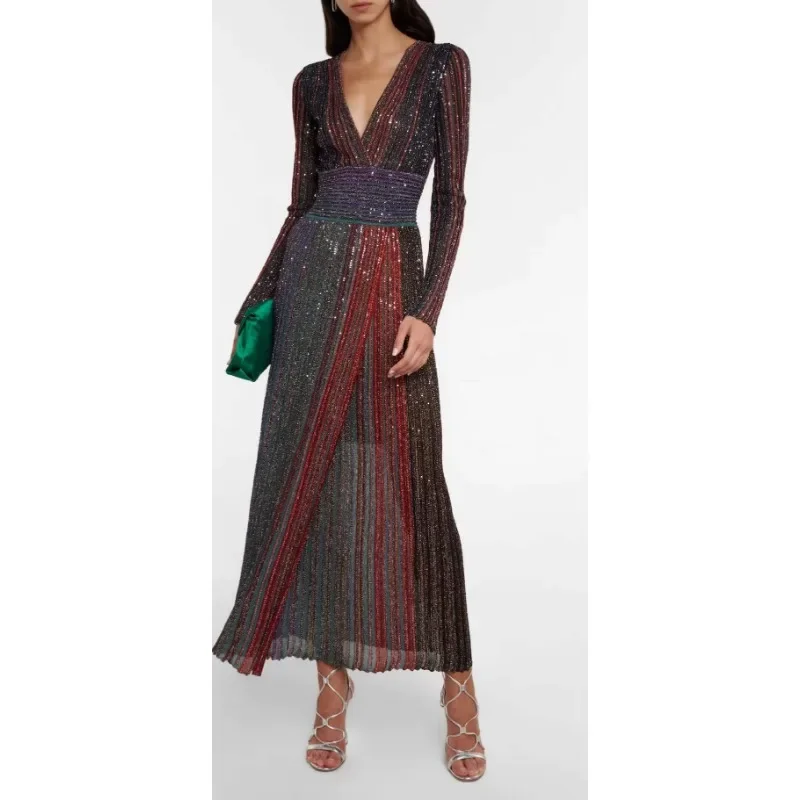 Women's V-neck Long Sleeve Dress with Metal Stripes Luxury High End Women's Evening Dress Tight and Sexy Side Split Long Dress