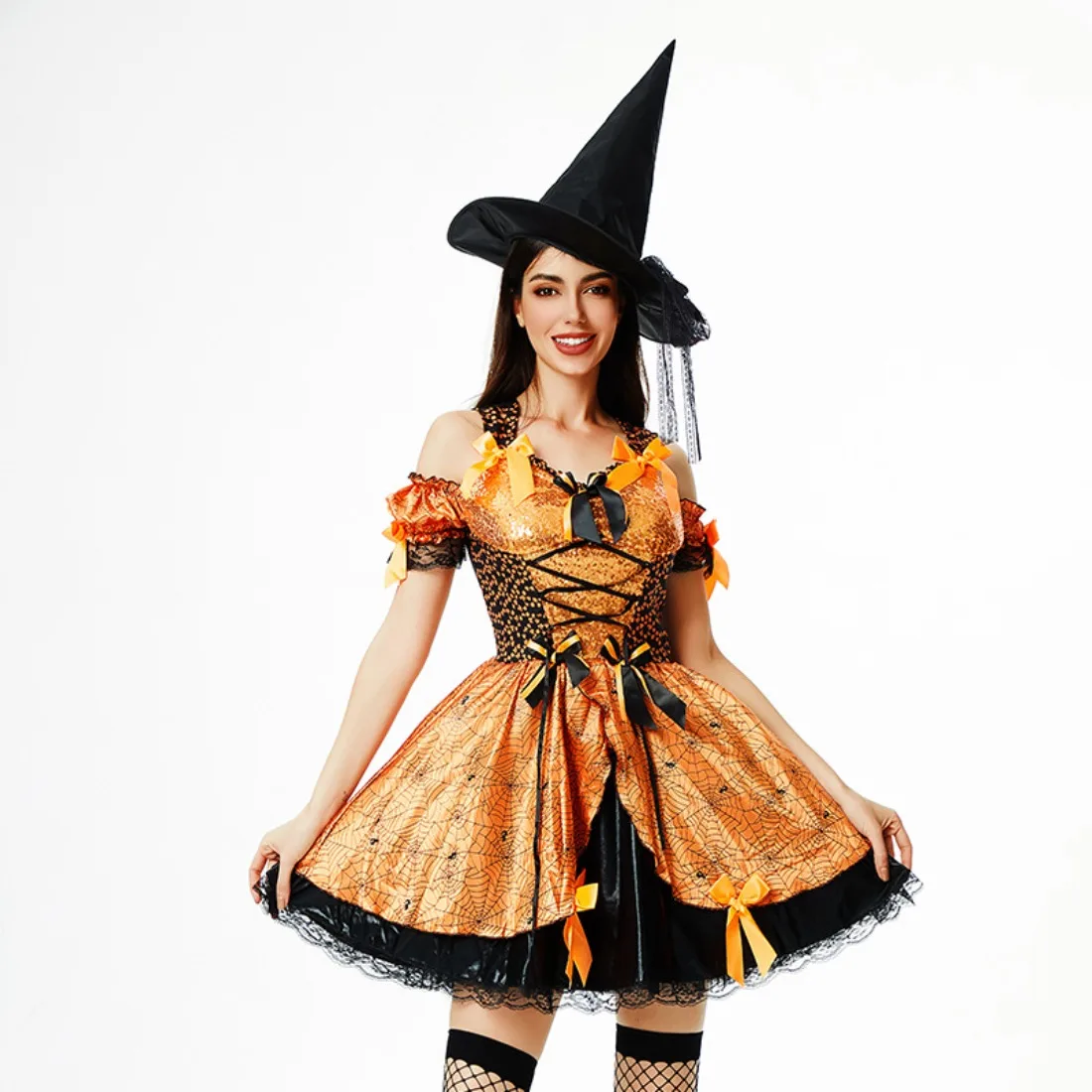 Adult Women Halloween Costume Cosplay Pumpkin Witch Hat Dress Performance Suit  Funny Themed Party Role Playing Outfit