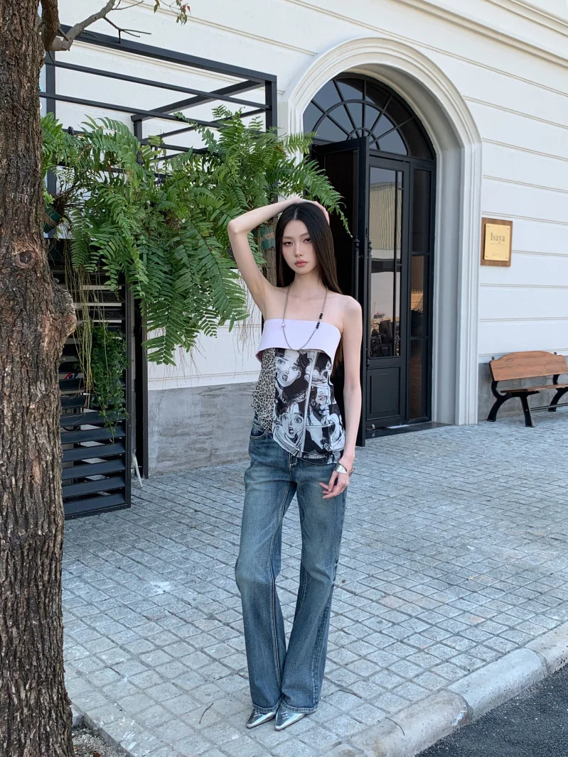 New Chinese Style Design Sensation Retro Print Halter Vest Acetate Satin Print Splicing Wrap Chest Tube Top Women's Fashion