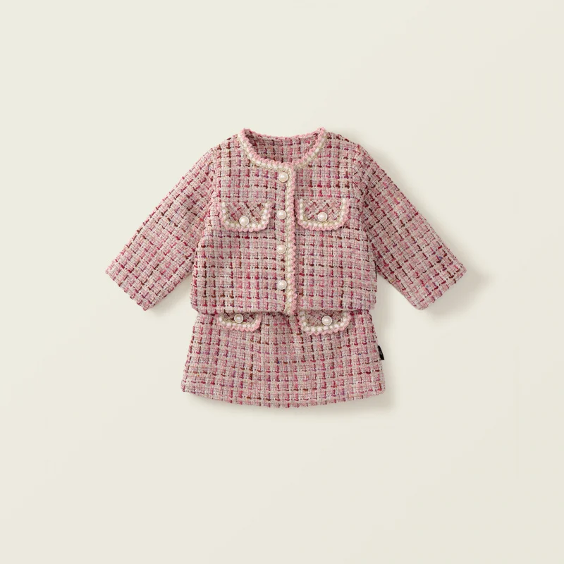 

2025Winter Girls Thick Tweed Suit Baby Girl Temperament Beaded Coat Short Skirt Two-piece Set