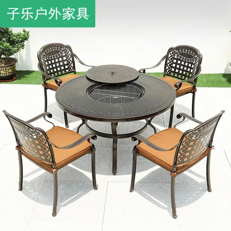 Cast Aluminum Outdoor BBQ Table and Chair Set Smokeless Multifunctional Garden Grill Dining Furniture for Yard Leisure