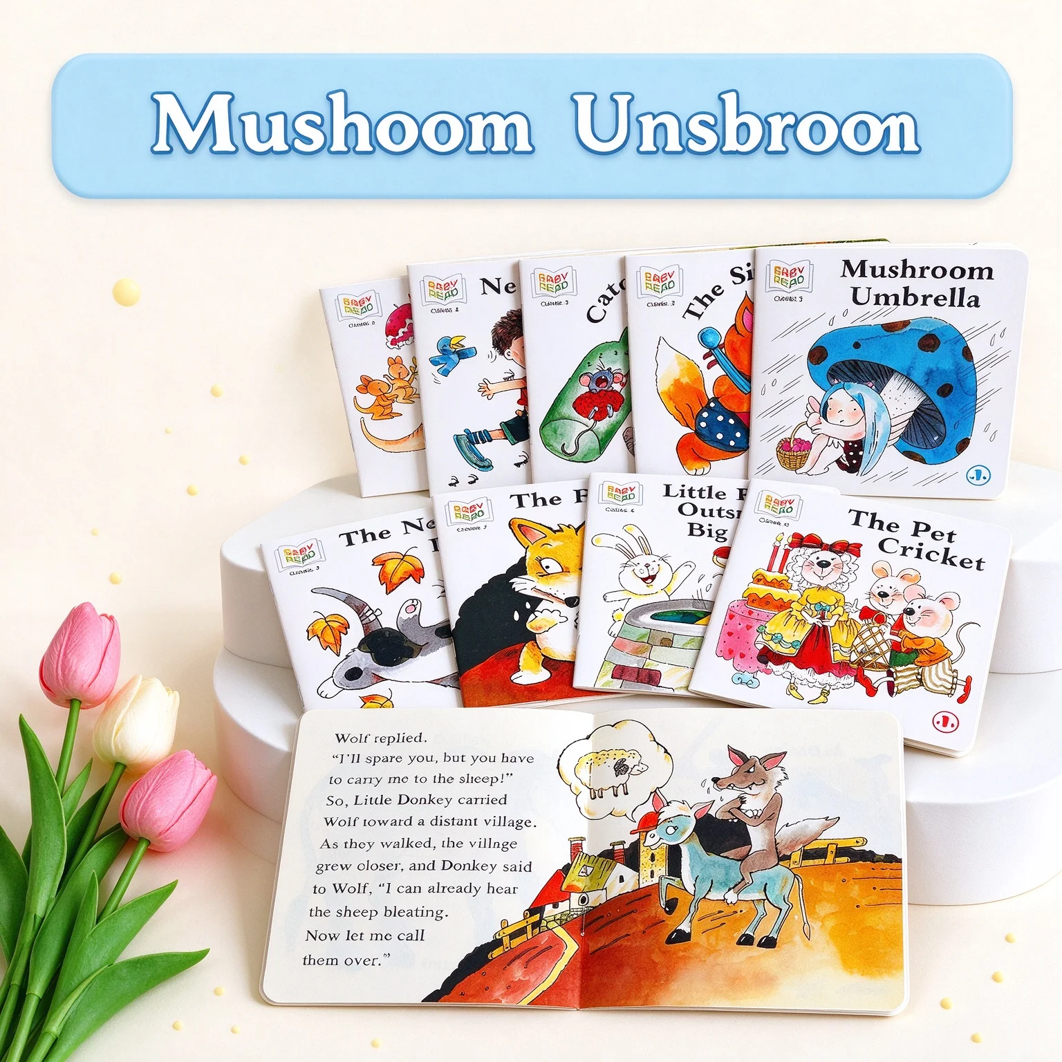 10 English Picture Books: Featuring vibrant cartoon illustrations and a rounded-corner design to enhance cognitive development.