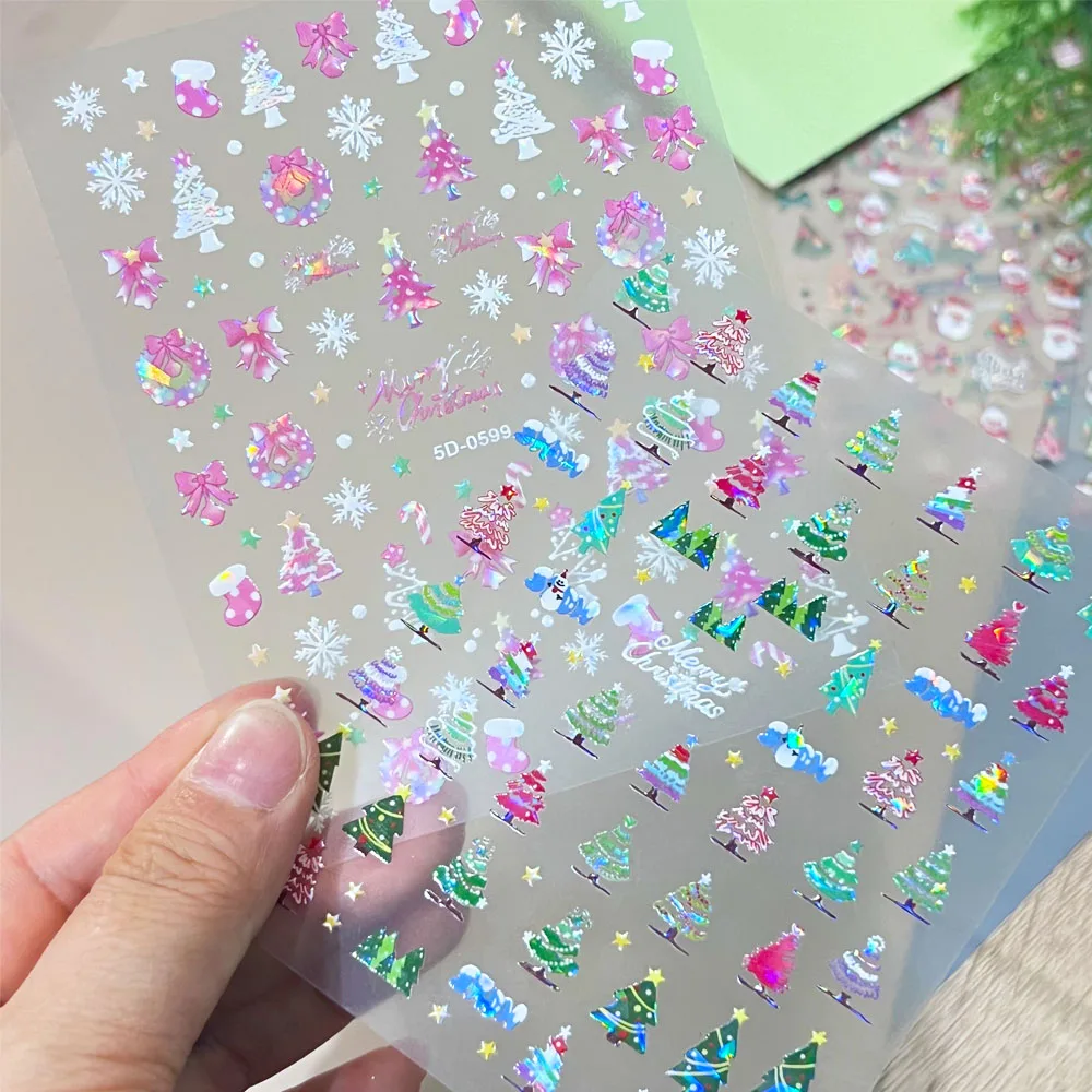 2pcs Shiny Glass Shards Snowflake Pink Bow Christmas Tree Bells Nail Art Stickers Set 5D Self Adhesive Green Tree Manicure Decal