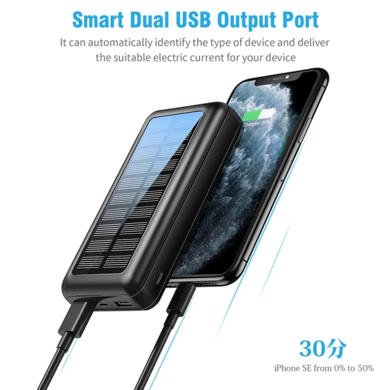 

30000mAh Solar Power Bank Portable Charger 2 USB Powerbank for iPhone 16 15 Xiaomi External Battery Pack Poverbank Spare Battery