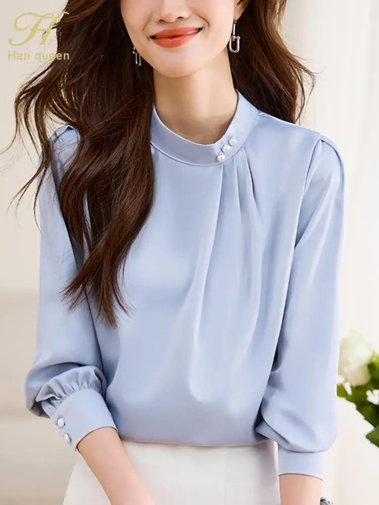 

H Han Queen Work Casual Tops Women's Business Vintage Shirts New Spring Loose Fashion Beading Long Sleeve Chiffon Blouse