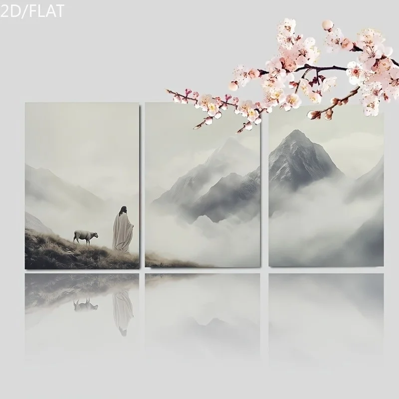 2D Flat, 2D/FLAT 3pcs LakelzDecor  Leaving with the Lost Sheep, Mountain Top Set of 3, God Lover, Home Decor, Faith Shepherd,