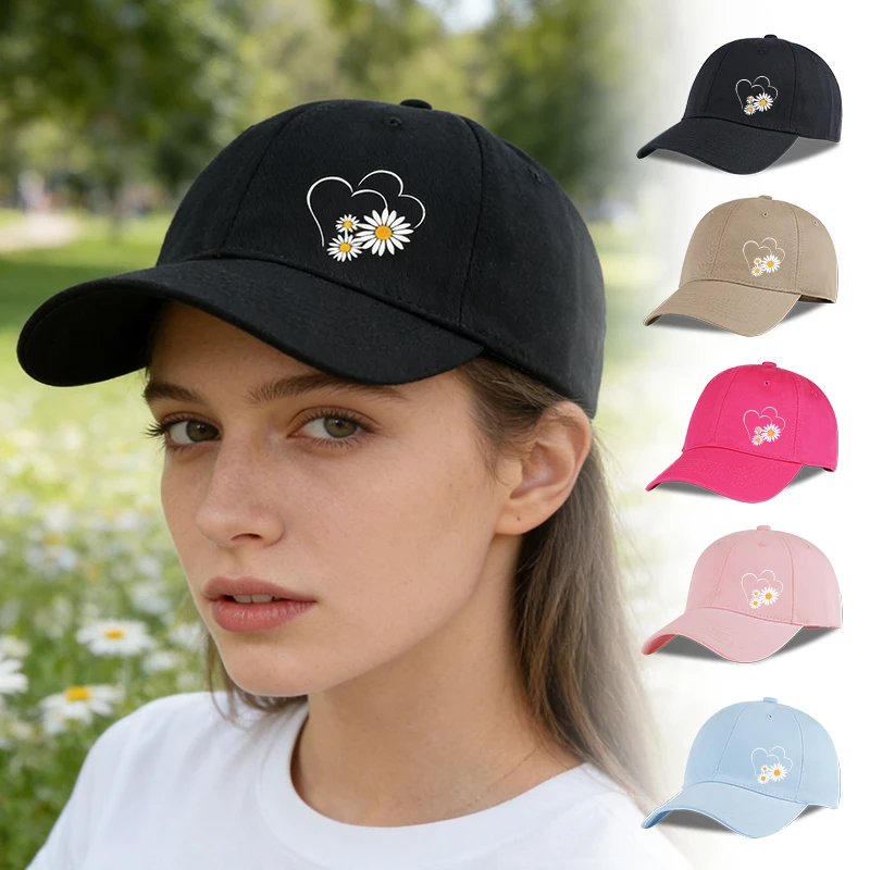 Heart-Print Daisy Soft-Peak Baseball Cap: Casual, Street-Style, Adjustable, Unisex, Perfect for Beach Vacations and Shopping Tri