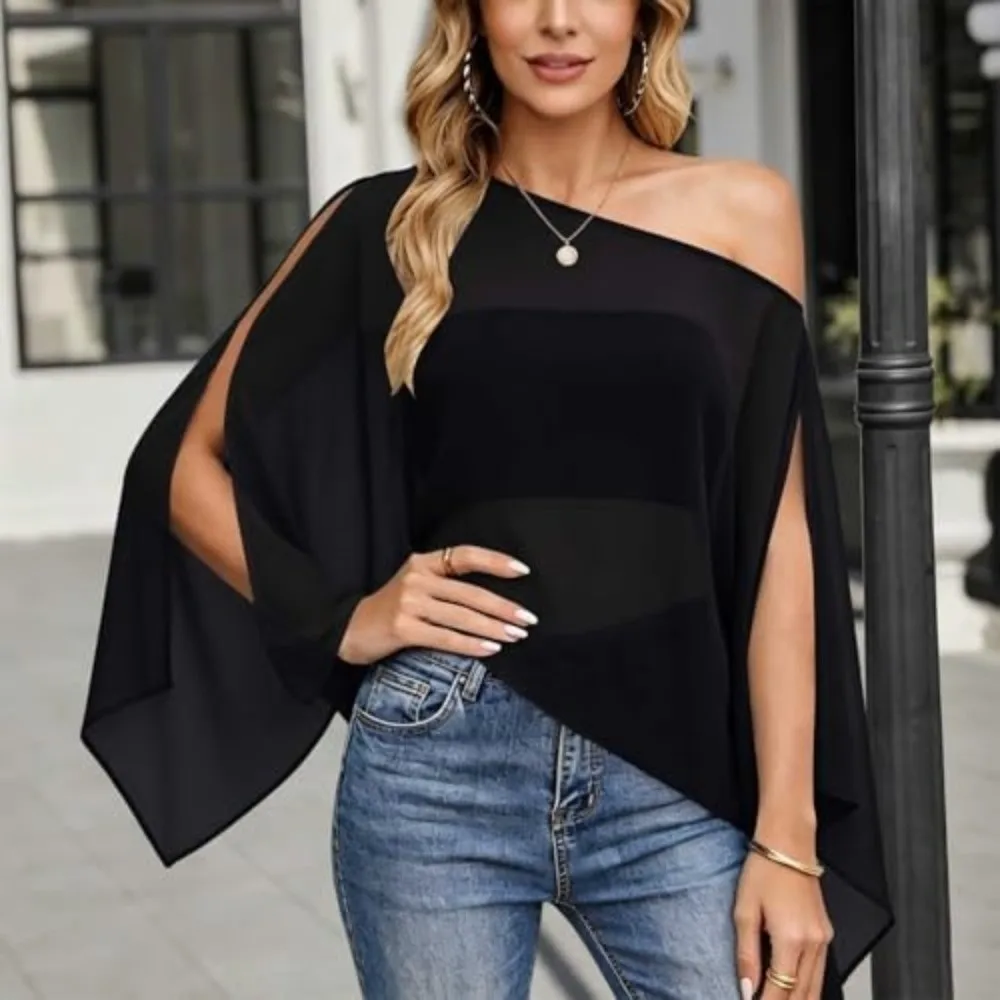 Wrinkle-Resistant Fabric Sun Protection Cover Up Wide Open Loose Flowing Chiffon Tops Semi-Sheer Lightweight