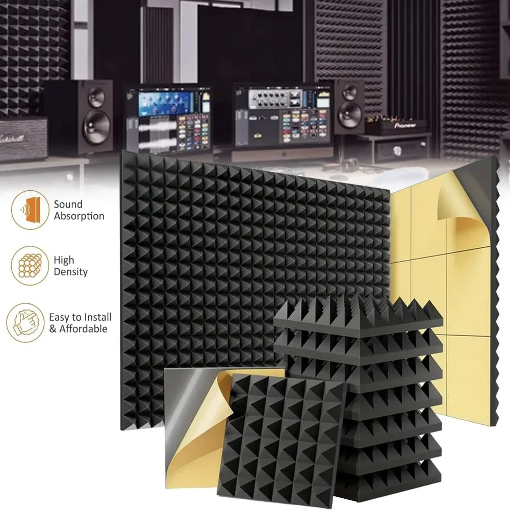 Panneaux acoustiques en mousse, panneaux insonorisants autocollants, panneaux muraux acoustiques haute densité pour l'absorption du son et le contrôle de l'écho, lot de 24, noir
