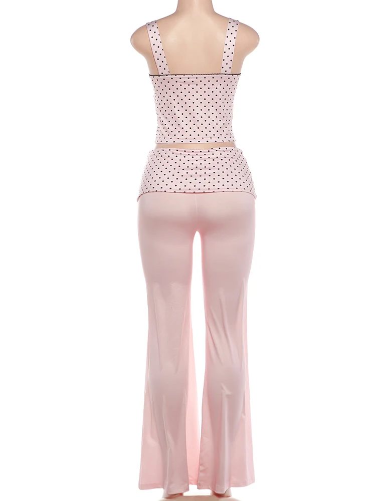 Weird Puss Polka Dot Patchwork 2-teiliges Set für Damen, Schleife, tief ausgeschnittenes, rückenfreies Crop-Top + lange Hose mit Knopfverzierung, eleganter Stil – Detail 5