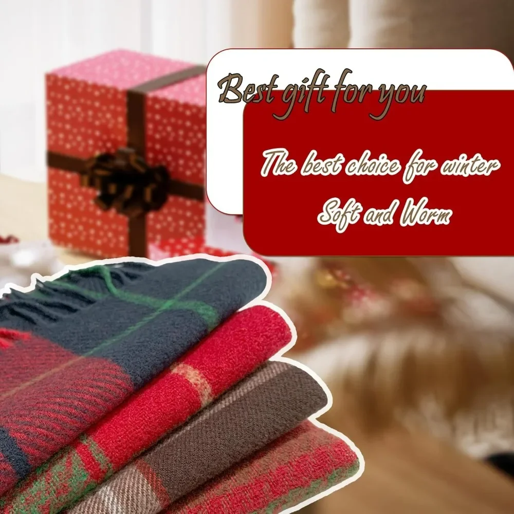 1 قطعة وشاح الشتاء للنساء الأحمر الأخضر منقوشة وشاح ث/هامش الترتان الكشمير يشعر الباشمينا شال لينة الدافئة الأوشحة المكتنزة #6