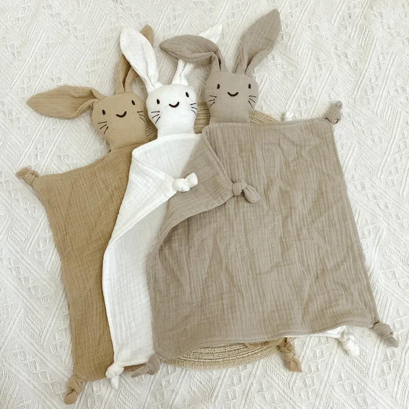 Soft Cotton Muslin Baby Bib Stuffed Rabbit Doll Newborn Appease Towel Security Blanket Baby Sleeping Cuddling Towel Facecloth