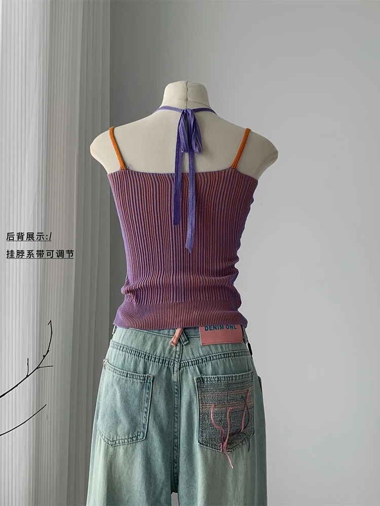 Women Simple Solid Knit Crop Top Vintage Summer Basic Sleeveless Camisole Fashion Bandage Vest Streetwear Casual Off Shoulder