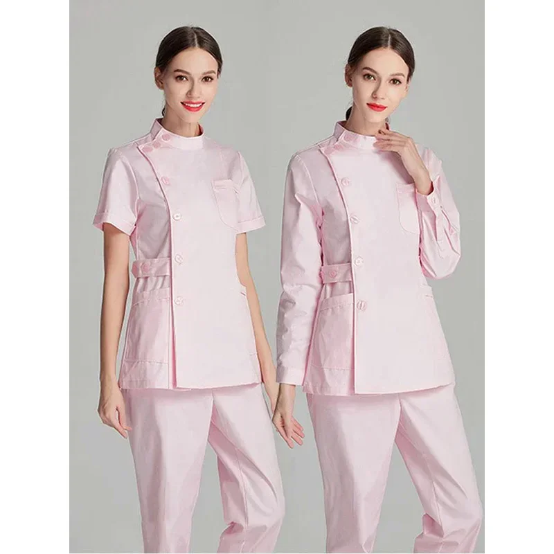 Uniformes cortos rosas para enfermera, bata de laboratorio, uniforme de médico para mujer, prendas de vestir, ropa médica, salón de belleza, ropa de manga larga