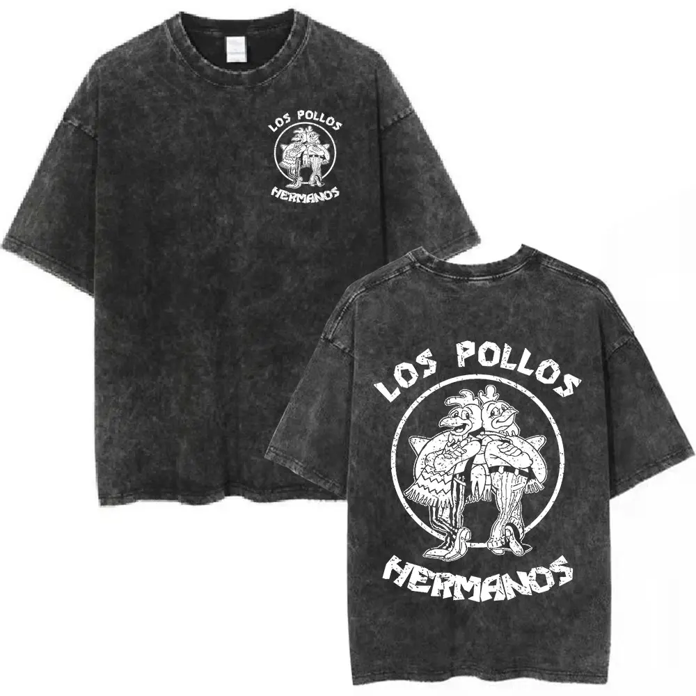 TV-Serie Breaking Bad Vintage Washed T-Shirts Los Pollos Hermanos Chicken Brothers T-Shirt für Männer und Frauen, 100 % Baumwolle, lässiges T-Shirt – Detail 4