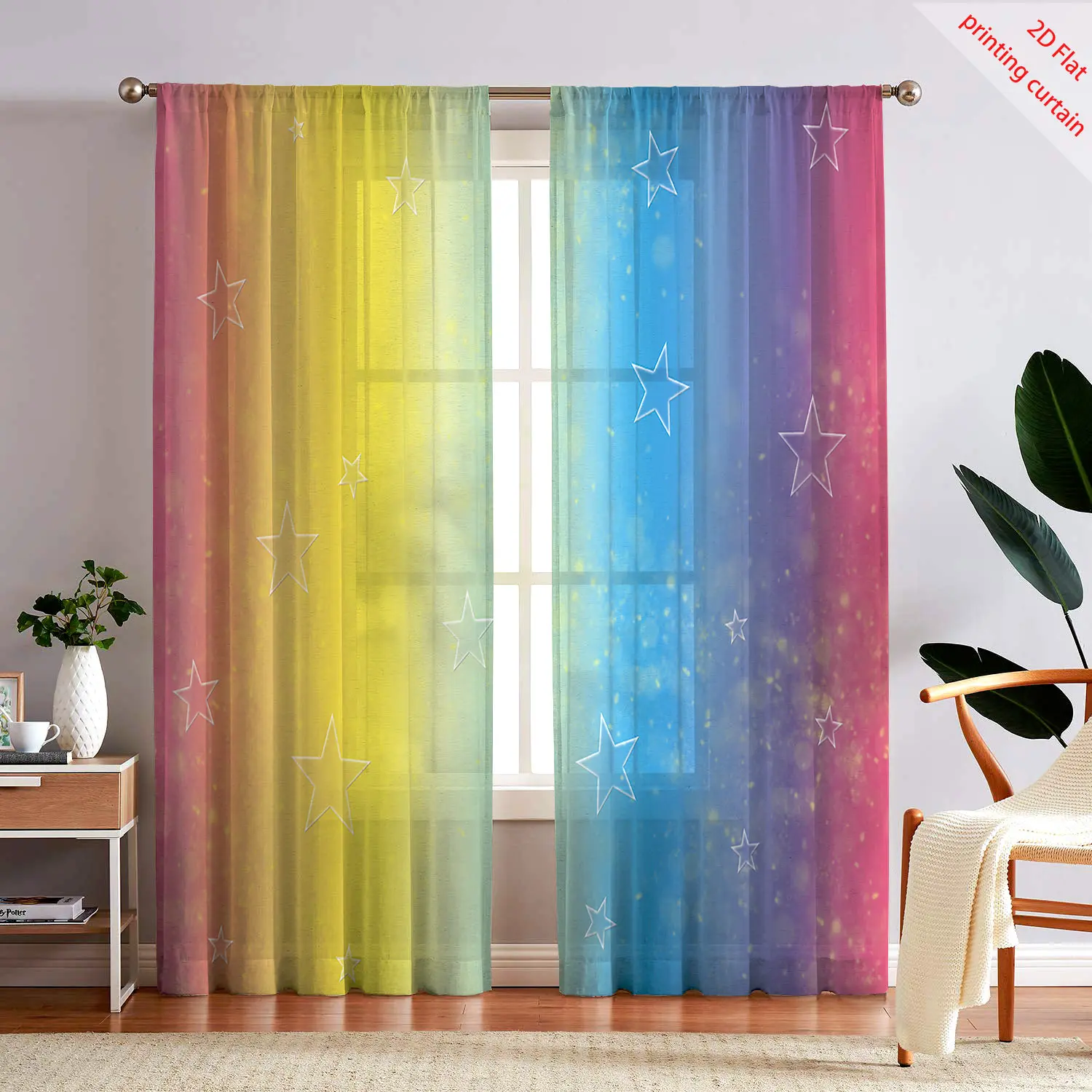 

Colorful Starry Sky Pattern Printed Curtain, Cartoon Transparent Curtain, Office, Dormitory, Home Balcony Window Decoration
