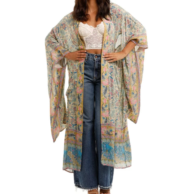 

Bohemian V neck Flower Print Kimono Thin Trench