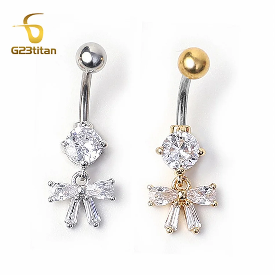 CZs-Piercing para ombligo colgante con lazo de circonita, accesorios de joyería para el cuerpo, barra curva de titanio de 14G, anillo para ombligo