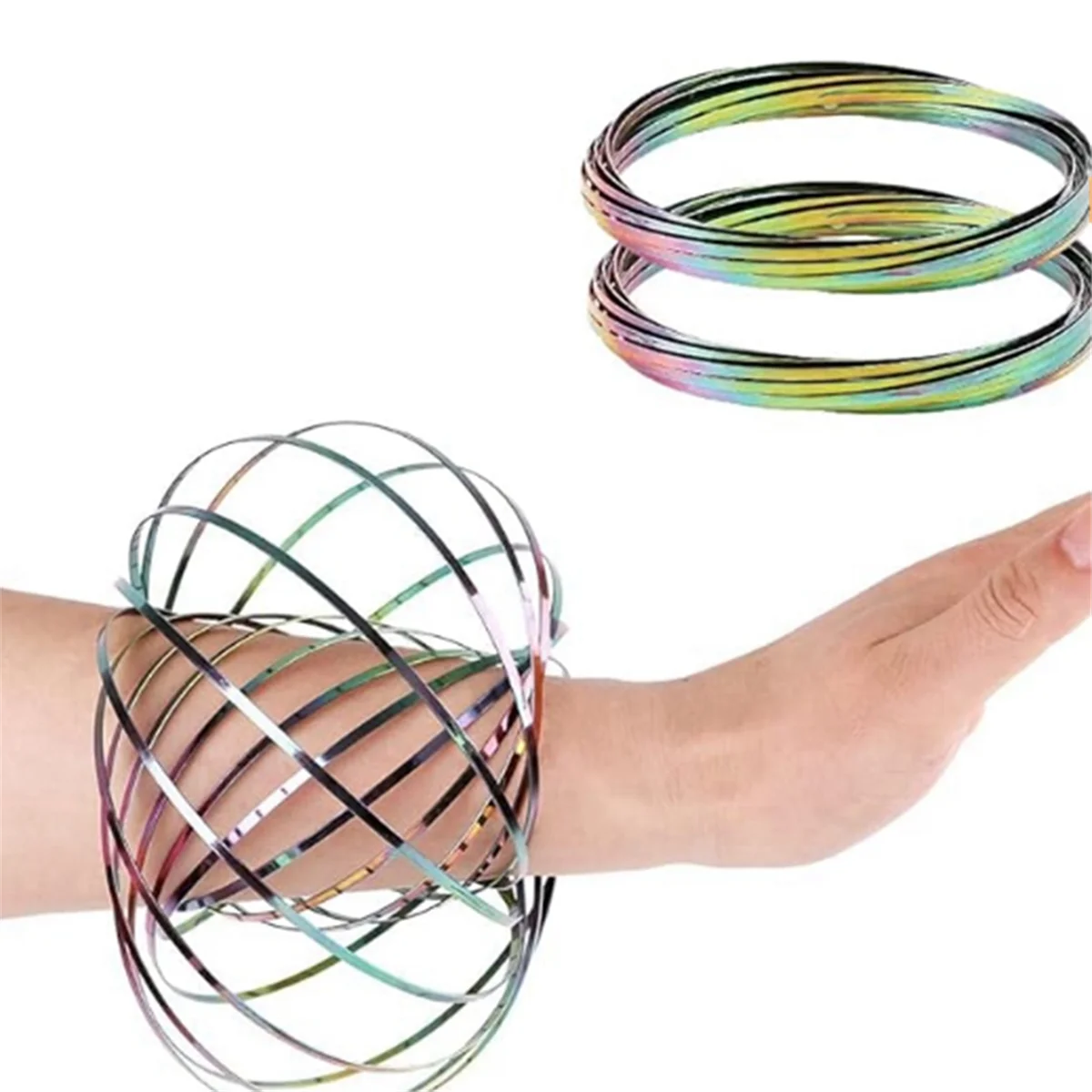 2Pcs Flow Ring Magic Bracelet Toy Metal Fastening Flow Rings Magic Hand Toy(Rainbow)