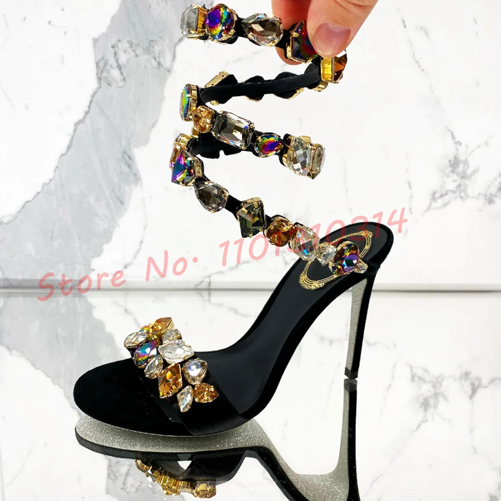 

Gems Strap Snake Heels Sandals Women Dazzling Colorful Crystal Elegant Evening Shoes Real Leather Black Luxury Design Sandals