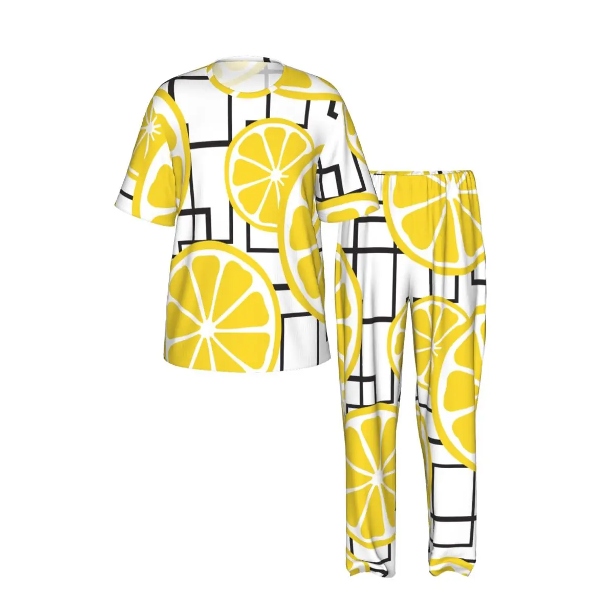 Sleepwear Summer Spring Home Clothes Juicy Lemons On Crossing Lines Short Sleeve Long Pant Nightwear