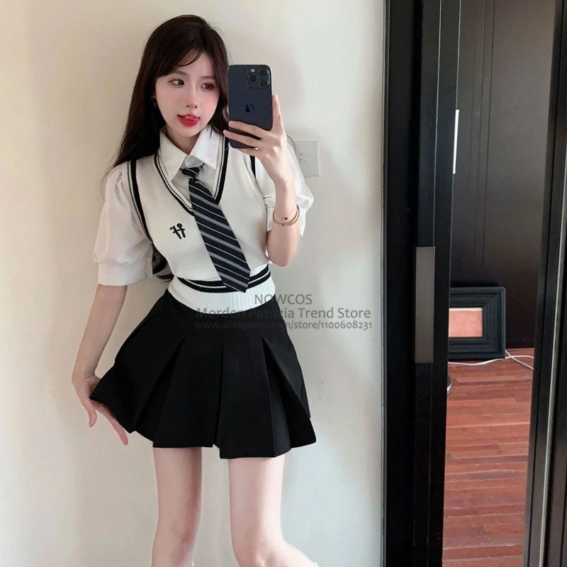 Fashion Japanese Korean Academy Style Women Uniform Set Summer Knitted Short Sleeve Top High Waist Pleated Skirt JK Set Black