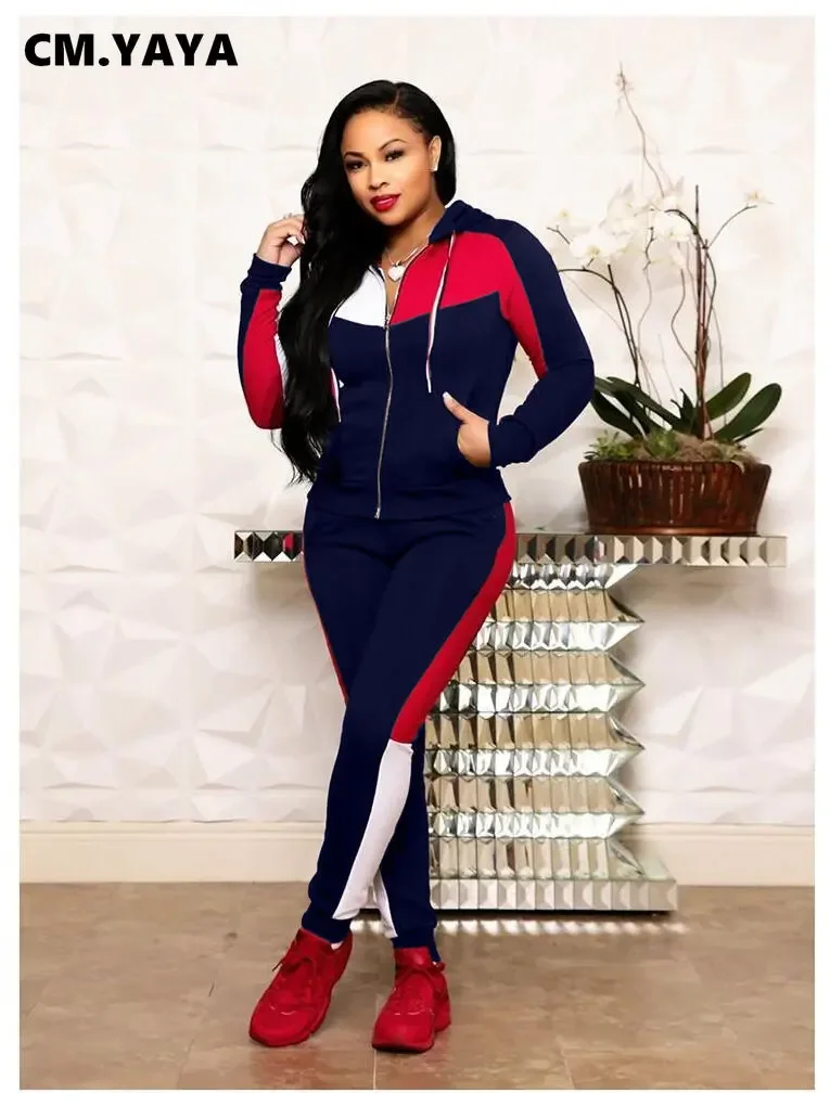 

Casual Patchwork Women's Set Zipper Fly Hooded Sweatshirt and Jogger Pants Suit Street Two 2 Piece Set Outfit Tracksuit