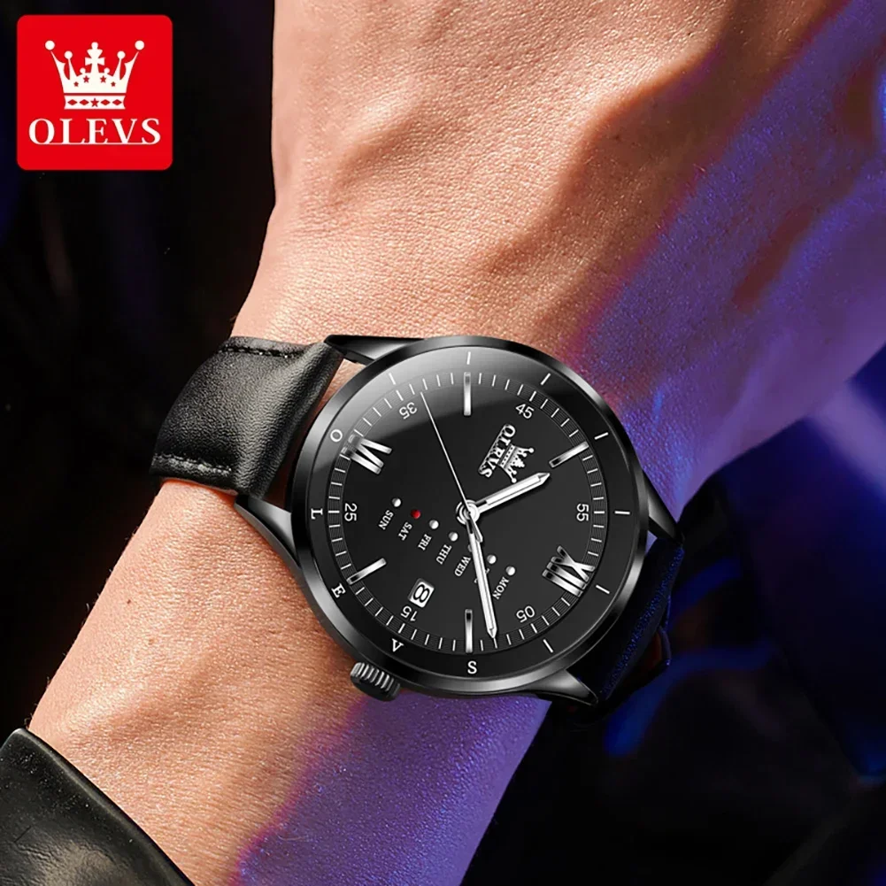 OLEVS New Quartz Watch for Men Fashion Casual Men\'s Watches Leather Strap Waterproof Luminous Automatic Date Wristwatch Clock