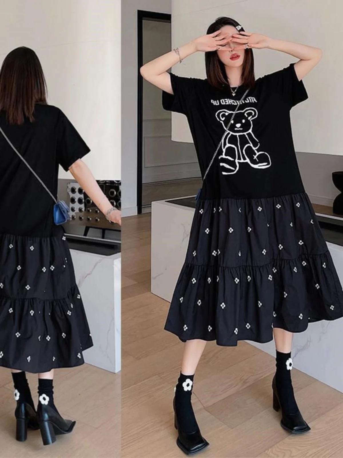 Grande taille décontracté mince t-shirt Dr femmes ort Sve taille ample dessin animé coréen Sle rond Ne a-ligne été Dr