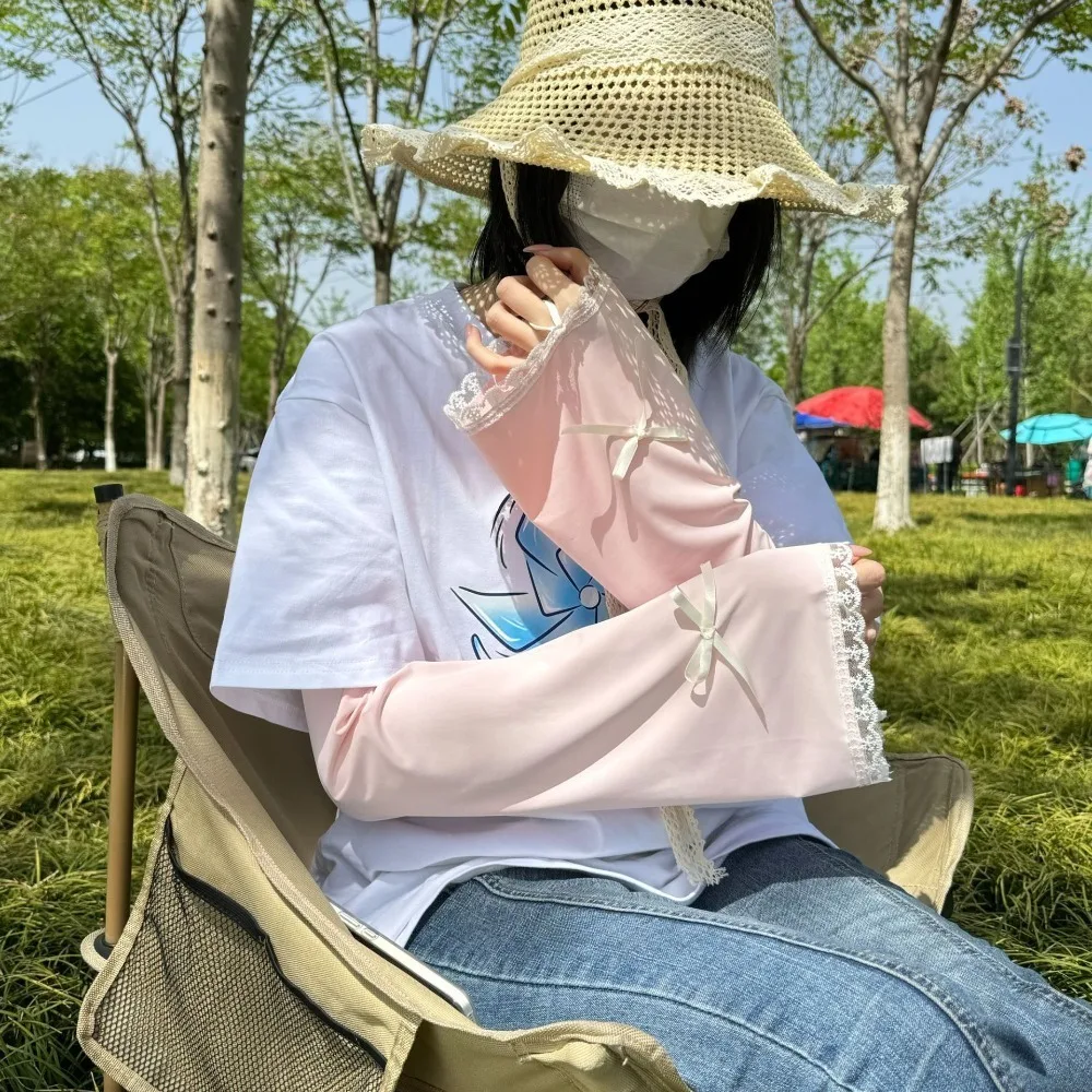 

Breathable Bow Ice Silk Arm Sleeves Solid Color UV Protection Sunscreen Arm Sleeves Flared Large Cycling Arm Cover Ladies