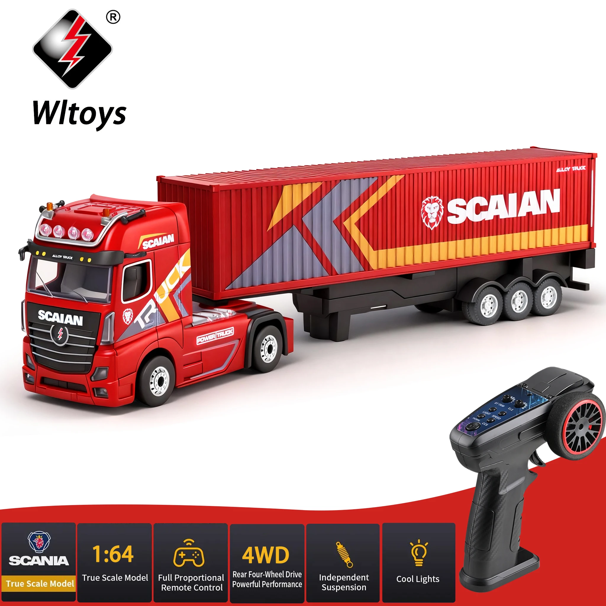 

WLtoys 6408 1/64 4WD Alloy RC Tractor Truck with Independent Control Liftable Container Lights & Horn Cruise Control RC Car Toy