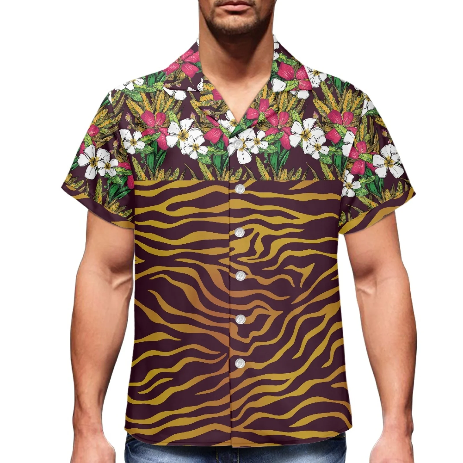 

Textured Design Printed Polynesian Style Luxury Men's Shirt V-Neck Men's Short Sleeve Hawaiian Slim-Fit Summer Sports Shirt