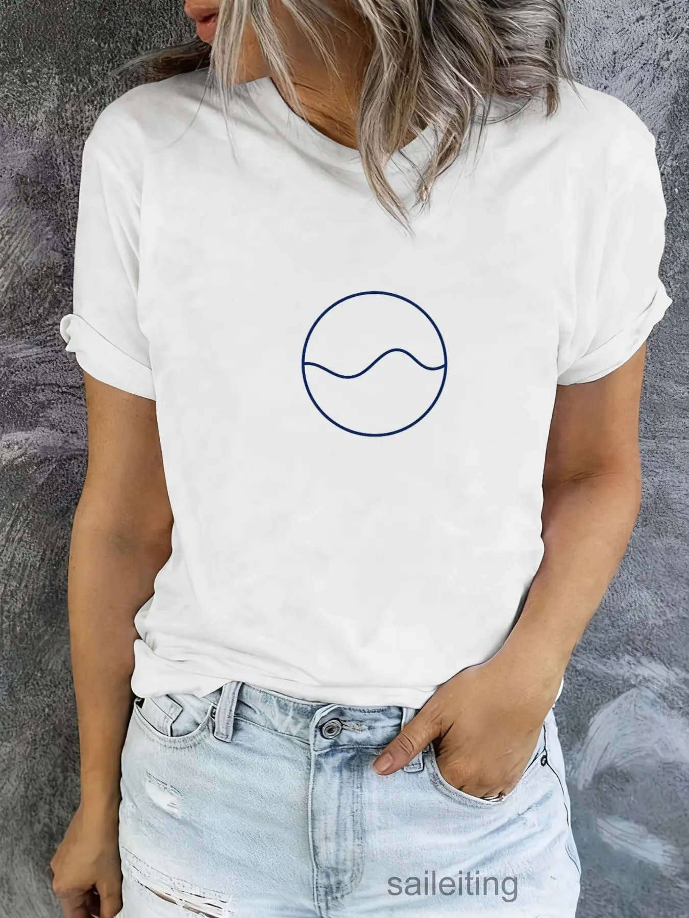 Stylized Blue Wave Horizon Graphic Tee - White Short Sleeve T-Shirt, Casual Crew Neck Summer Breathable Top for Men Women, Pe