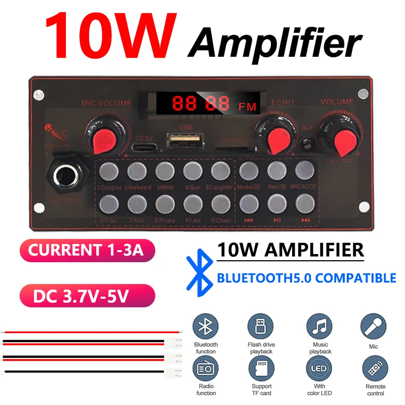 10W Bluetooth 5.0 Amplifier Board, MP3 Decoder Module with USB/AUX/FM Radio/Recording for DIY Speaker