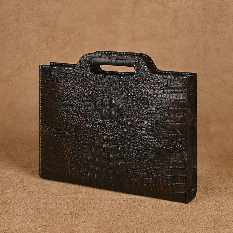 Mens จระเข้นูนหนังกระเป๋าเอกสาร Vintage กระเป๋าไหล่ Messenger กระเป๋าเอกสารทํางาน Tote