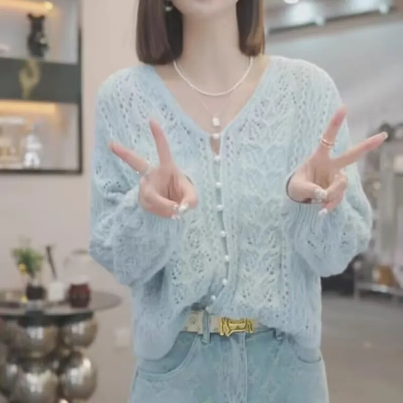 Frauen Kleidung Elegante Chic Aushöhlen V-ausschnitt Strickjacke Herbst Neue Casual Lose Dünne Langarm Pullover Büro Dame Y2k Tops