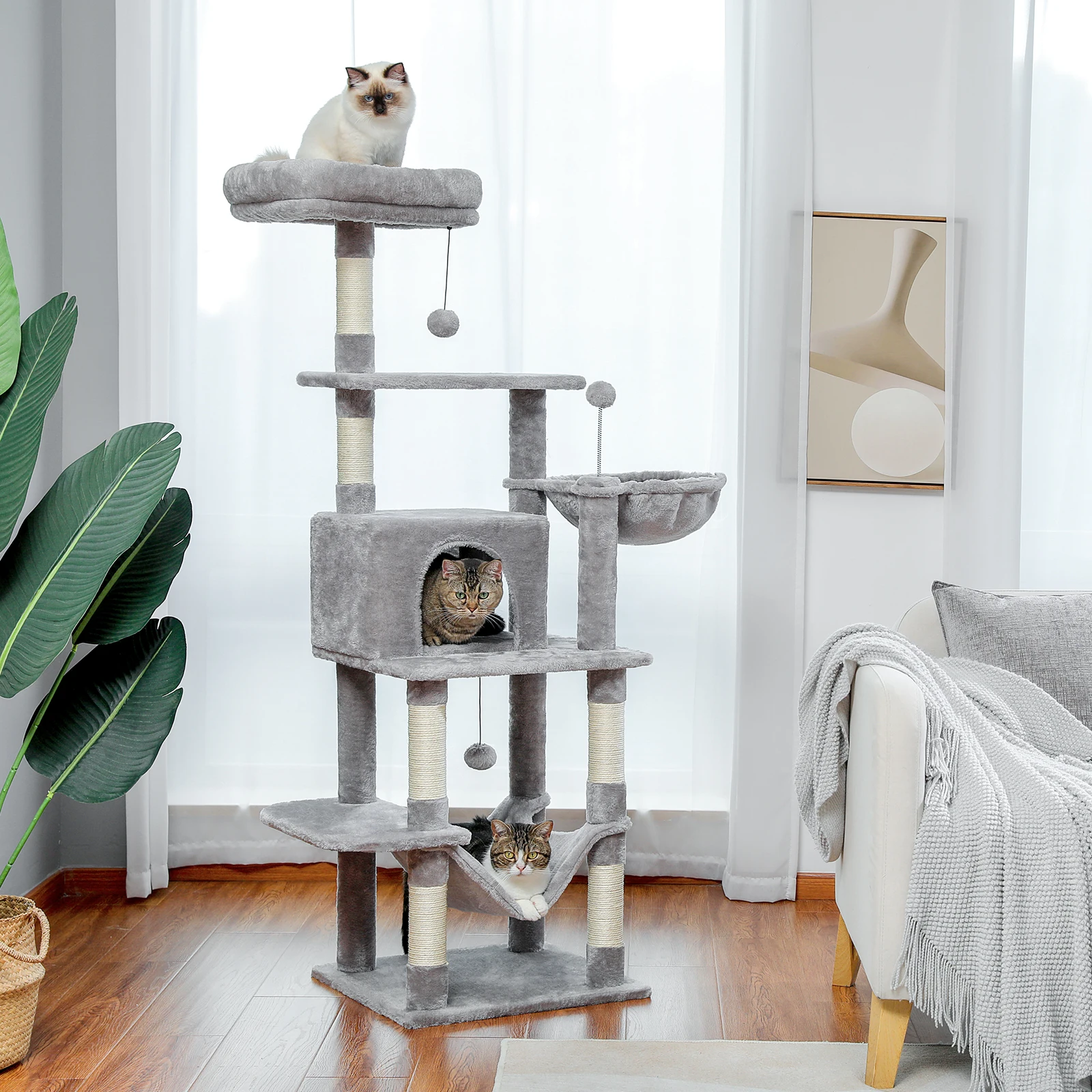 Luxury Cat Tree with Scratching Post Hammock Cat Tower with Plush Perch Cat Scratcher Accessories Kitten Furnitures Pet Cat Toys