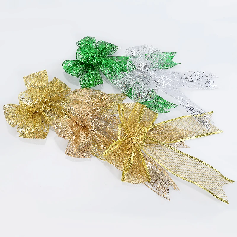 Christmas Sequin Bownots Polyester Fiber Christmas Tree Top Pendants Large Bownot Gold Green Silver Bownot Xmas Home Party Decor