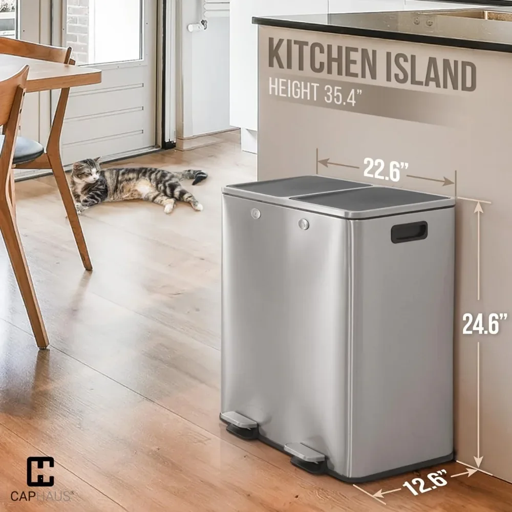 Double lid garbage bin, kitchen hands-free stainless steel garbage bin with 2 compartments, handle, 30L+30L, 2 x 8 gallons