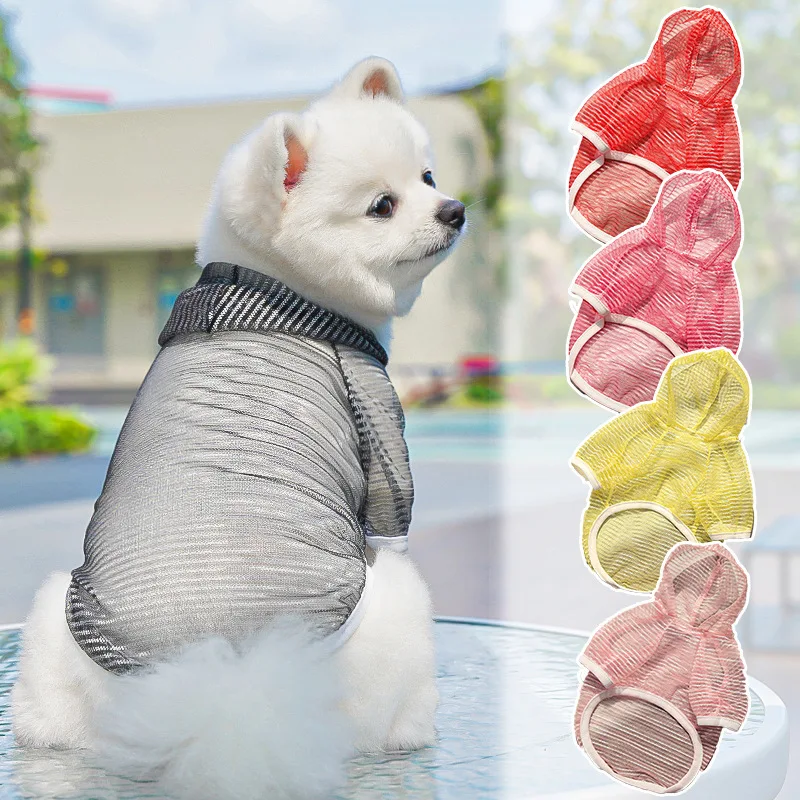 

Dog Sun Protection Clothes Breathable Mesh Vest Pet Small Dog Solid Color Hoodie Summer Quick Drying Two Legs Short Sleeve
