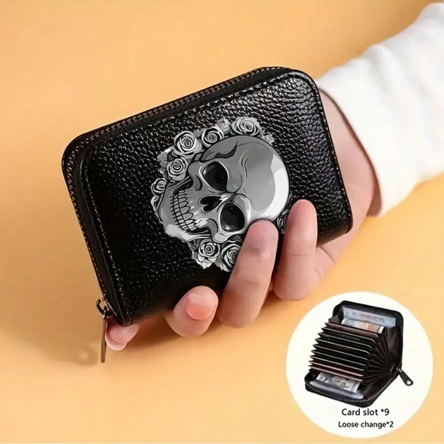 Gothic Skull Floral Print Wallet Multifunctional Card Holder Zipper Coin Purse Unique Gift For Men Mini Wallet Purse Card Holder