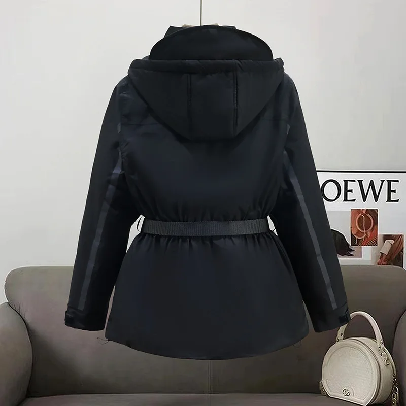 Women Mid Length Parkas Coats Solid Jackets Belt Drawstring Hooded Zipper Pocket Long Sleeves Thick Slim Fit Casual 2025 Winter