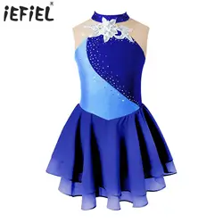 Kids Girls Shiny Rhinestone Gymnastics Artistic Skating Tight Fitting Dress Sequins Ballet Jersey Lyrical Dance Leotard Costume