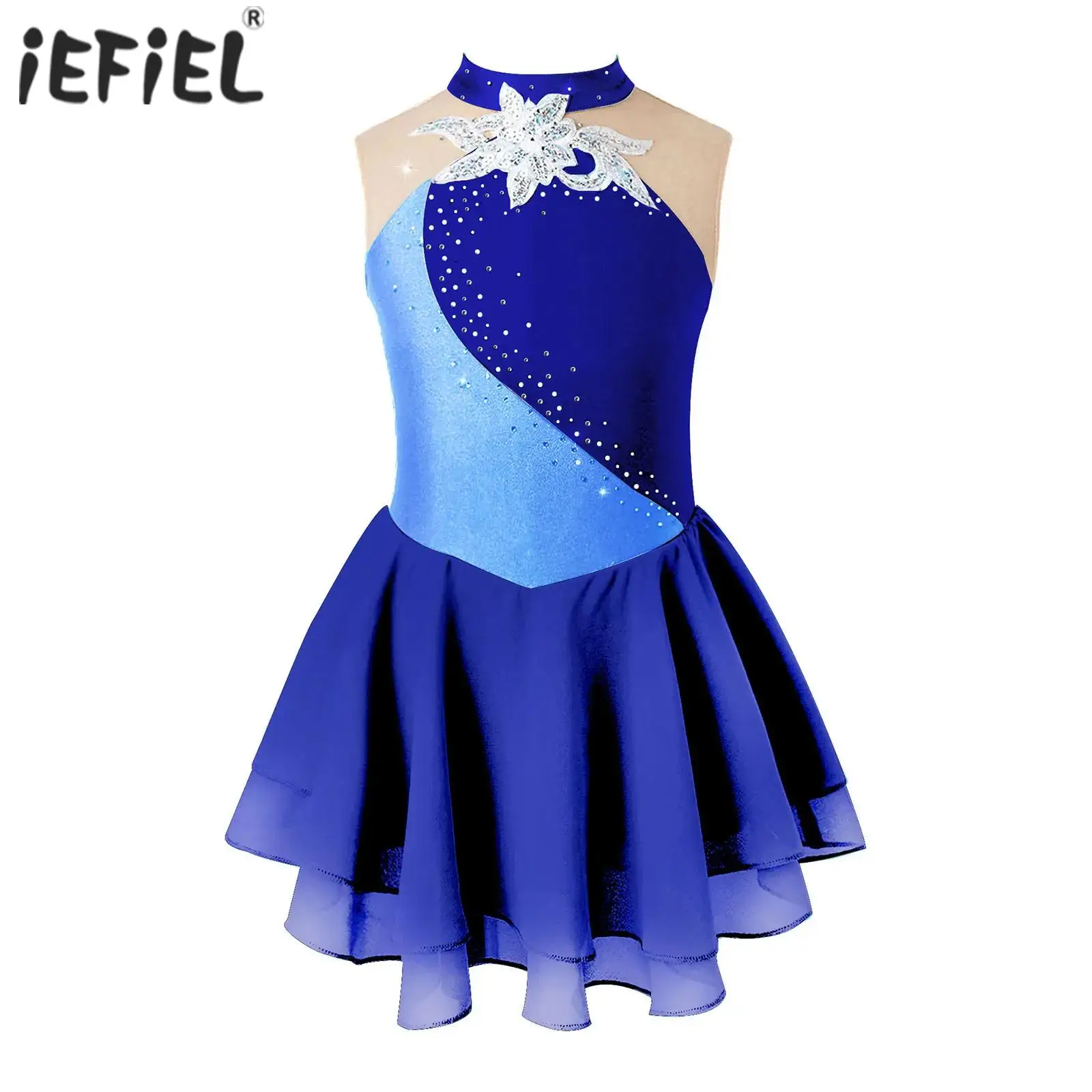 Kids Girls Shiny Rhinestone Gymnastics Artistic Skating Tight Fitting Dresses Sequin Ballet Jersey Lyrical Dance Leotard Costume