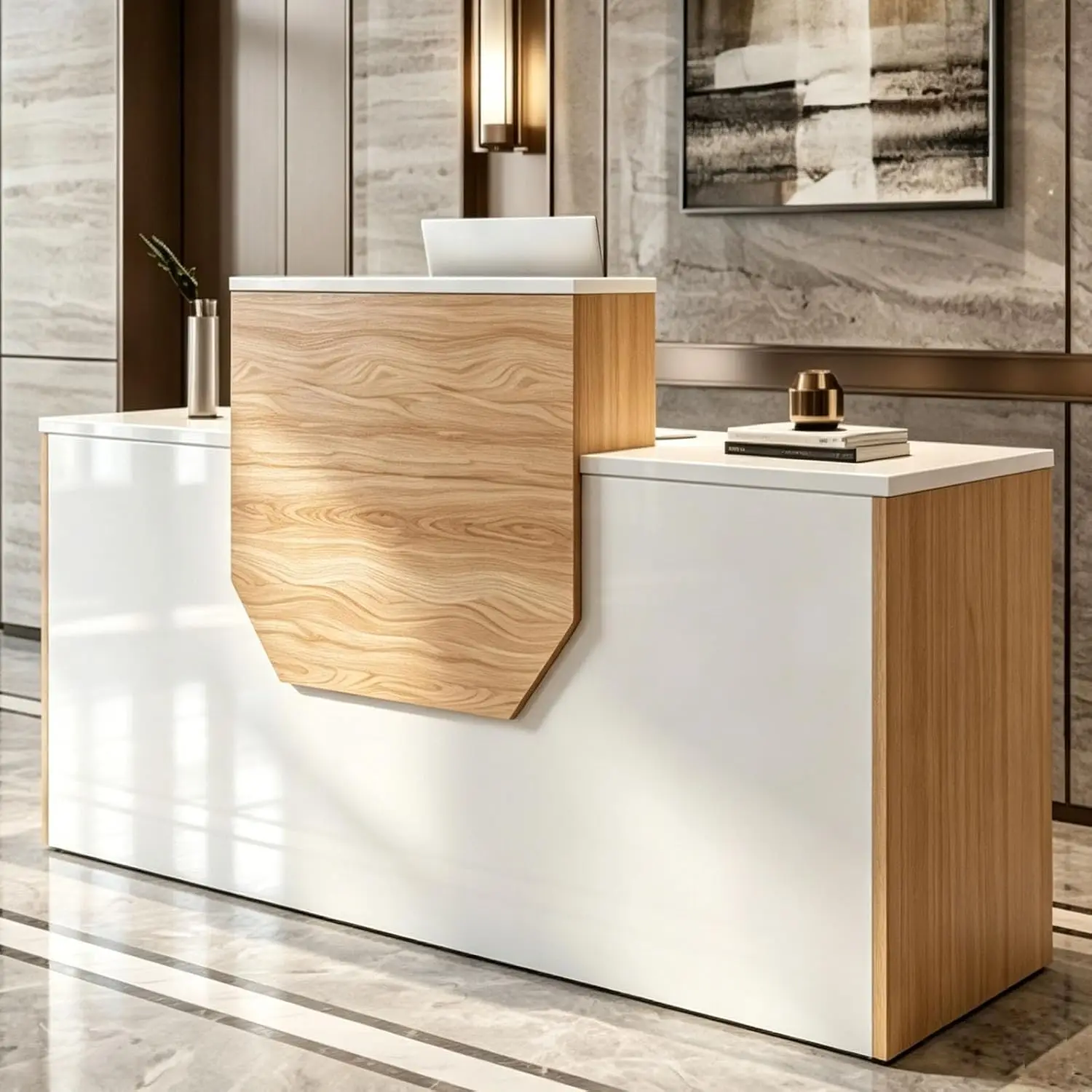 L Shaped Reception Desk Counter 63 Inch Reception Room Table Lockable Drawers Keyboard Tray Office Salon Hotel Clinic Natural Wo