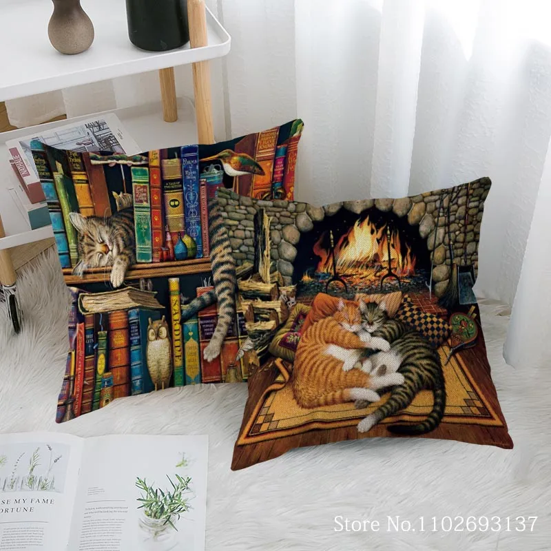 Custom Lovely Painting Cat Pattern Pillowcase Home Textile Cotton Pillow Covers Wedding Decorative Pillow Cover Square 45x45CM