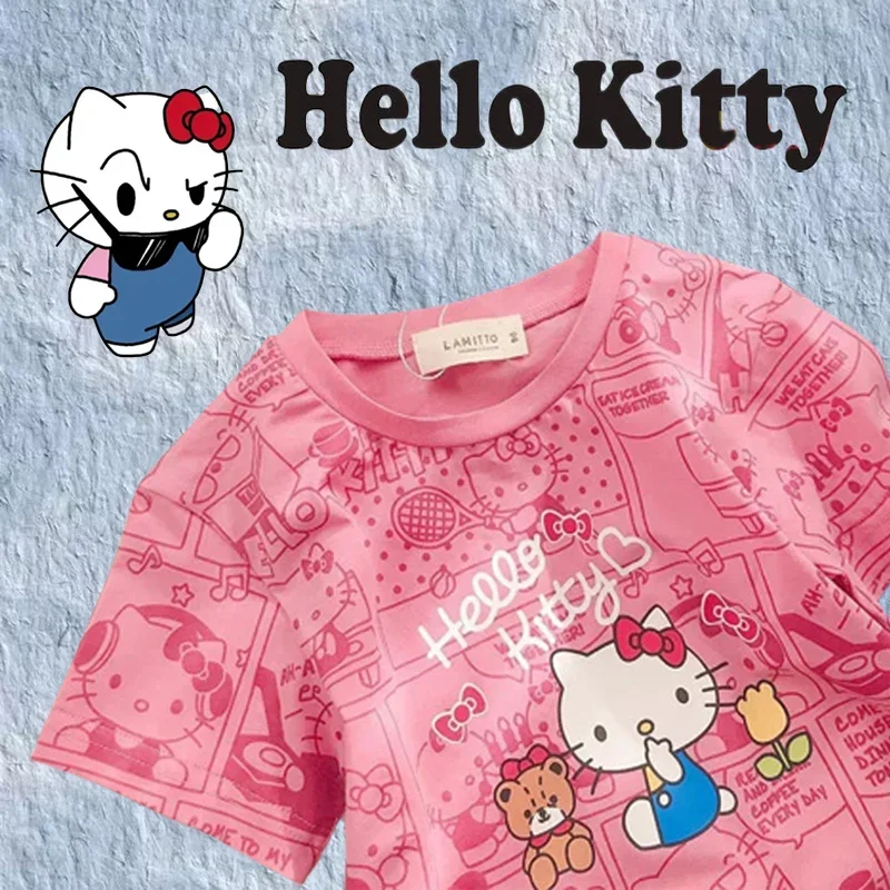 Sanrio Hello Kitty Child T-shirts Cartoon Anime Girls Summer Short Sleeves Kids Top Infant Outfit Casual Breathable Kid Clothes