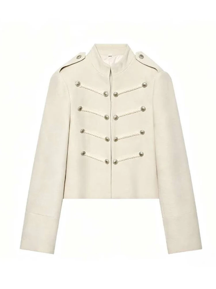 TFMLN Women Jackets Stand Collar Buttons Decor Shoulder Strap Decor Cropped Long Sleeve Vintage Napoleon Style Outerwear