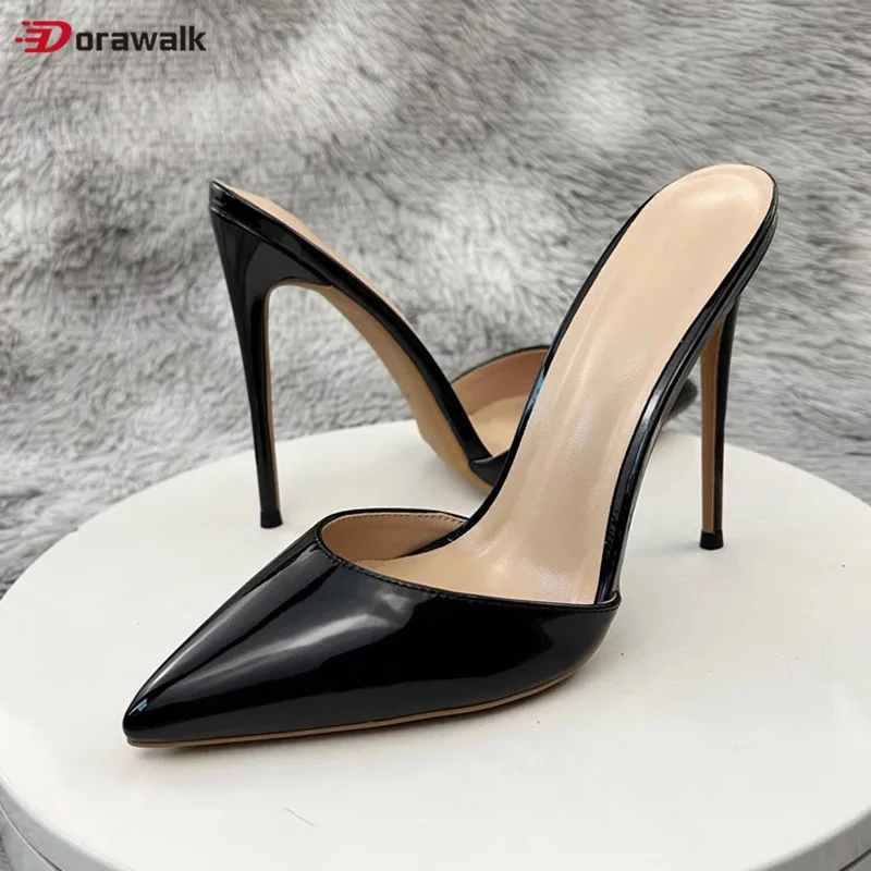 

2024 Newly 8/10/12cm Woman Summer Slipper High Heels Patent Leather Sandal Stilettos Black Slingback OL Work Ladies Dress Shoes